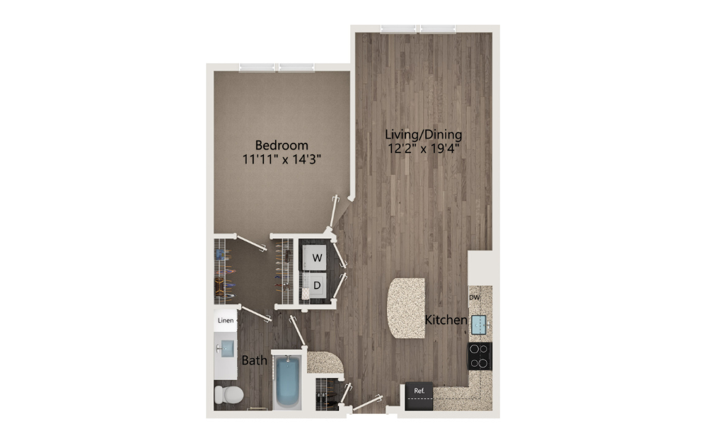 A1 - 1 bedroom floorplan layout with 1 bath and 732 square feet.