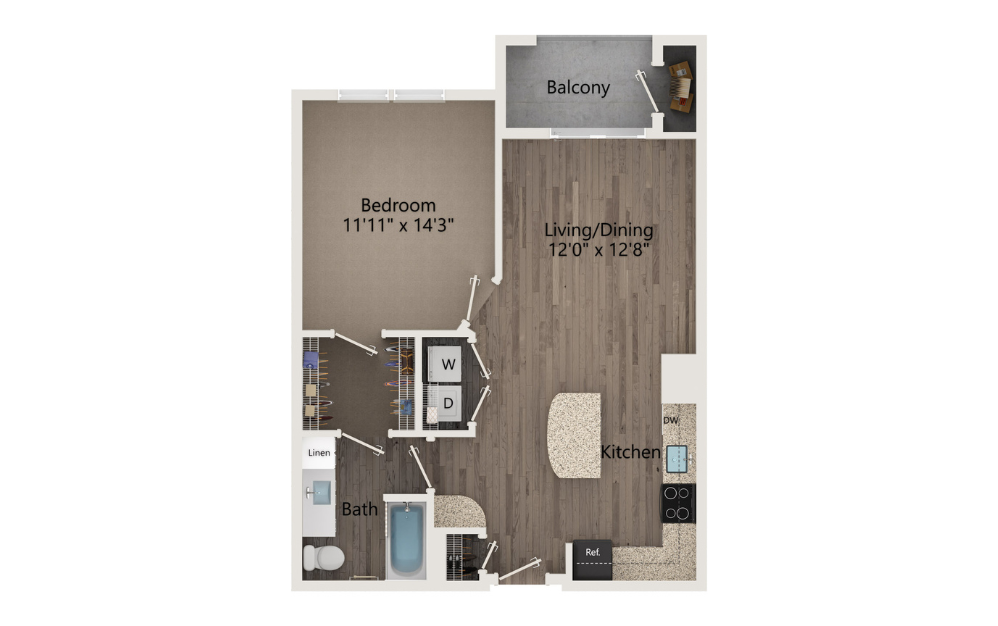 A2 - 1 bedroom floorplan layout with 1 bath and 807 square feet.