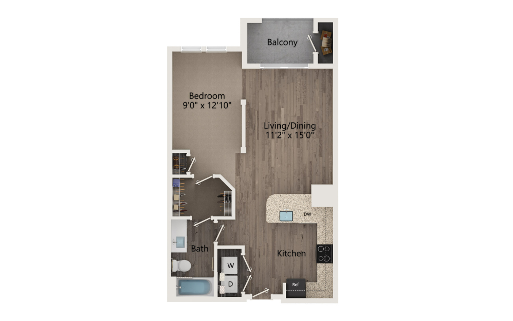 S1 - 1 bedroom floorplan layout with 1 bath and 627 to 664 square feet.