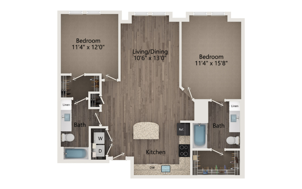 B4 - 2 bedroom floorplan layout with 2 baths and 1093 to 1194 square feet.