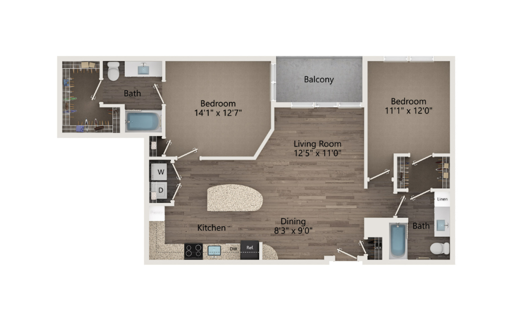 B3 - 2 bedroom floorplan layout with 2 baths and 1100 to 1142 square feet.