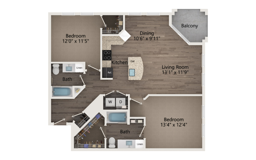 B2 - 2 bedroom floorplan layout with 2 baths and 1129 to 1168 square feet.
