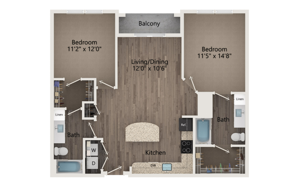 B1 - 2 bedroom floorplan layout with 2 baths and 1044 to 1169 square feet.