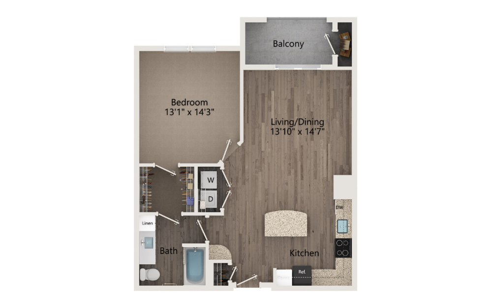 A3 - 1 bedroom floorplan layout with 1 bath and 819 square feet.